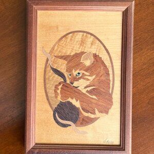 Handmade Inlaid Wood Playful Cat Portrait